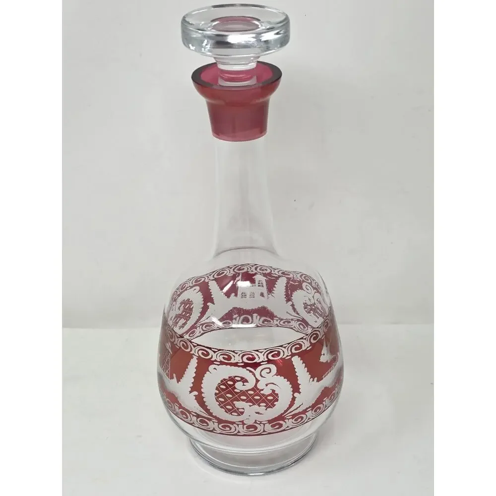 Vintage Bohemian Cranberry Glass Decanter w/ Etched Decoration 12
